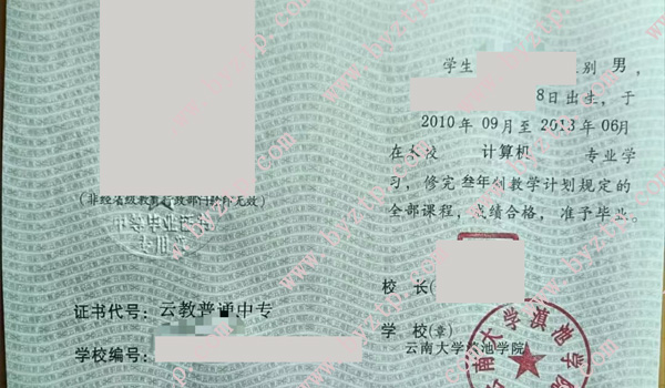 云南大学滇池学院2013年中专毕业证样本图片（模板）