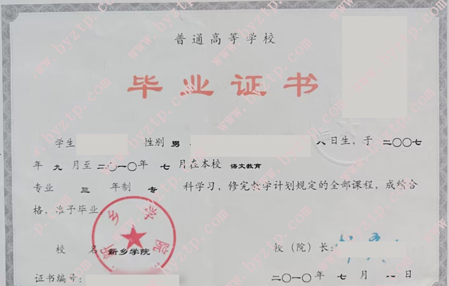 新乡学院2010年毕业证样本图片